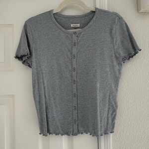 Pilcro Lettuce Hem Button Front Shirt